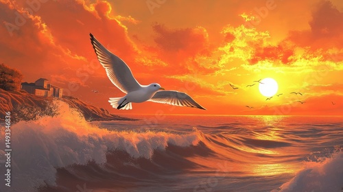 Sunset over ocean with birds flying