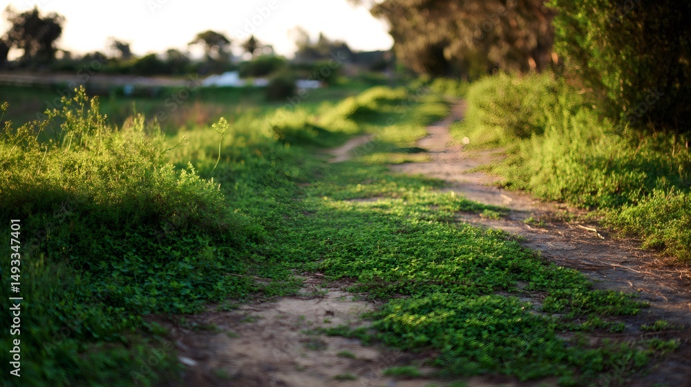 Fototapeta premium Path winding through lush green vegetation at sunset