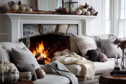 Cozy living room with a crackling fireplace and soft furnishings.