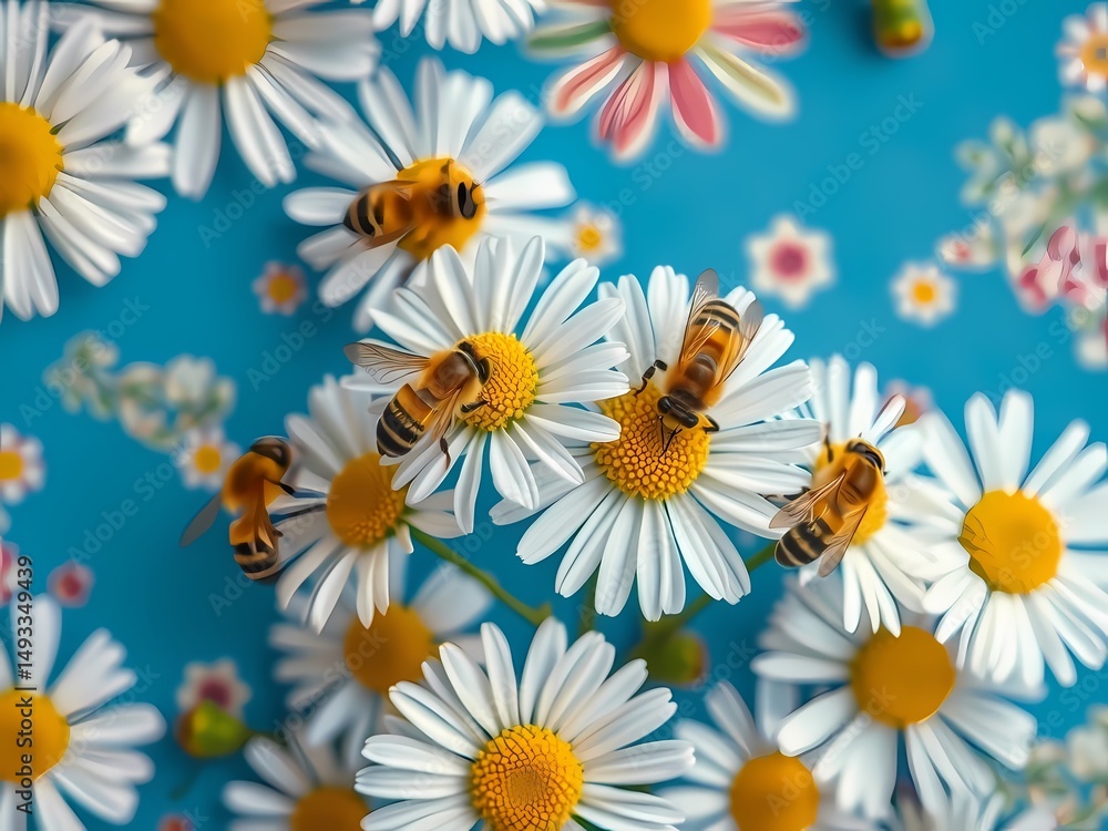Obraz premium Daisies and honeybees create a vibrant blue floral background, perfect for spring.