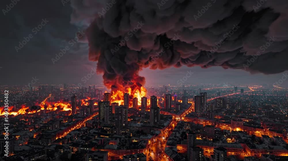 Catastrophic urban fire ravages cityscape at night, massive flames and dense smoke engulfing buildings, depicting a major disaster, emergency situation, and city-wide destruction. Catastrophic urban fire ravages cityscape at night, massive flames and dense smoke engulfing buildings, depicting a major disaster, emergency situation, and city-wide destruction.