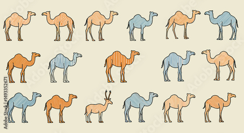Stylized Camel Illustrations in Various Colors and Unique Striped Patterns
