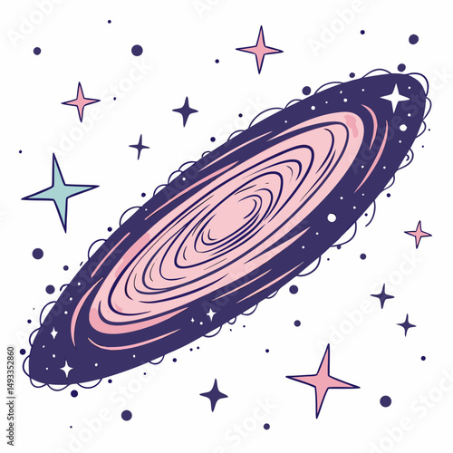 Whimsical galaxy illustration pink and purple spiral nebula stars