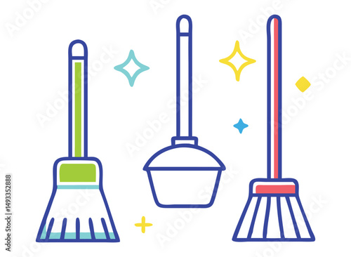 Brooms and mops equipment. Hygiene handling equipments objects vector illustration, household mop and housework broom tools isolated on white background.