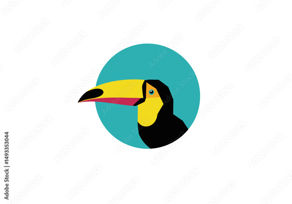 Naklejka premium Stylized Toucan Portrait with Teal Circle Backdrop and Geometric Design