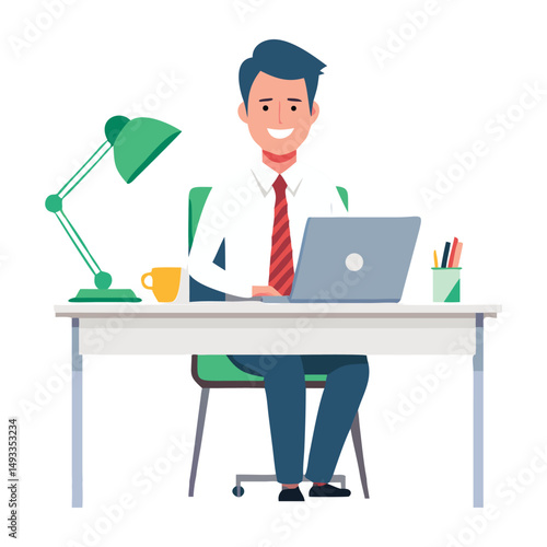Cartoon businessman working on laptop at adjustable standing desk with lamp and books in a modern office illustration.