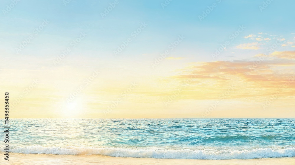 Fototapeta premium Serene Ocean Sunrise with Gentle Waves and Soft Clouds in a Clear Blue Sky Over a Sandy Beach