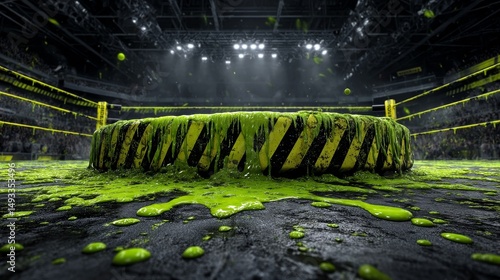 Dynamic wrestling ring banner design with caution tape pattern and green ooze accents, combining bold graphic elements, high energy, danger, and combat sport themes in an industrial visual style.
