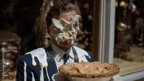 Hilarious classic pie-in-the-face prank captured in a comedic stock video illustration.