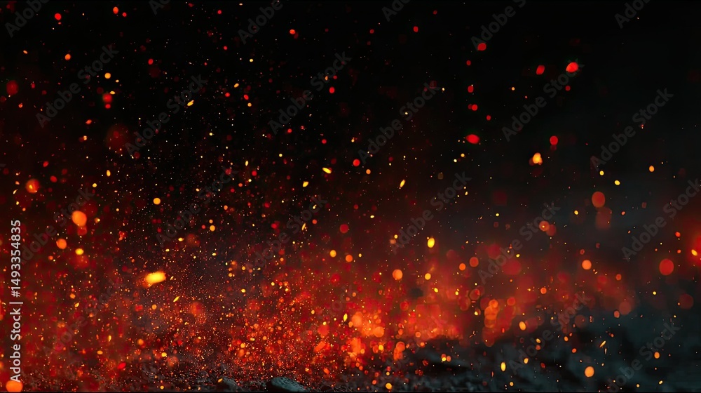 Fototapeta premium A close-up view of glowing embers and sparks against a dark background, evoking warmth and energy.