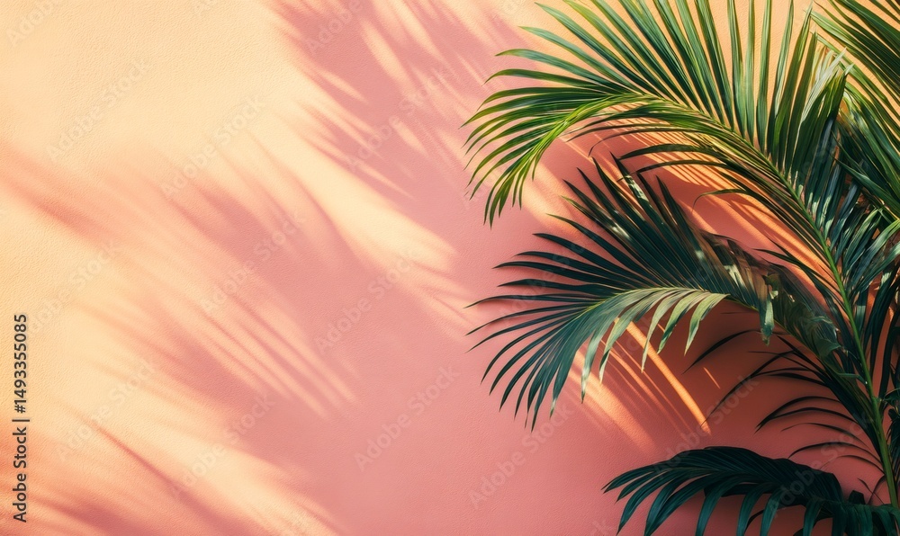 Sunlight illuminating palm leaves casting shadows on a vibrant pink wall, creating a stylish and tropical summer aesthetic Sunlight illuminating palm leaves casting shadows on a vibrant pink wall, creating a stylish and tropical summer aesthetic