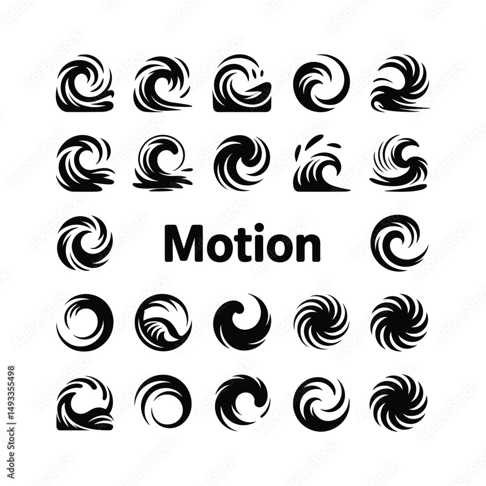 Wave and Swirl Motion Icon Set with Dynamic Circular and Water Movement Symbols Wave and Swirl Motion Icon Set with Dynamic Circular and Water Movement Symbols