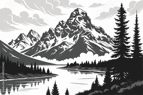 black and white landscape, snow-capped mountains, reflective lake, pine forest, cloudy sky, peaceful, serene, tranquil, dramatic, moody, atmospheric, detailed, cinematic, high quality, award-winnin
