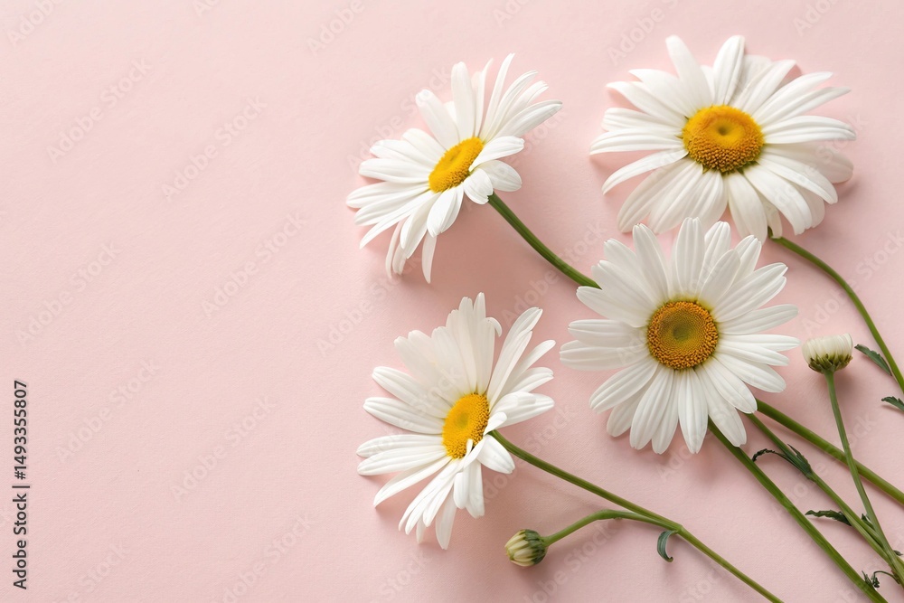 Obraz premium Minimal Flat Lay with White Chamomile Flowers on Light Pink Background