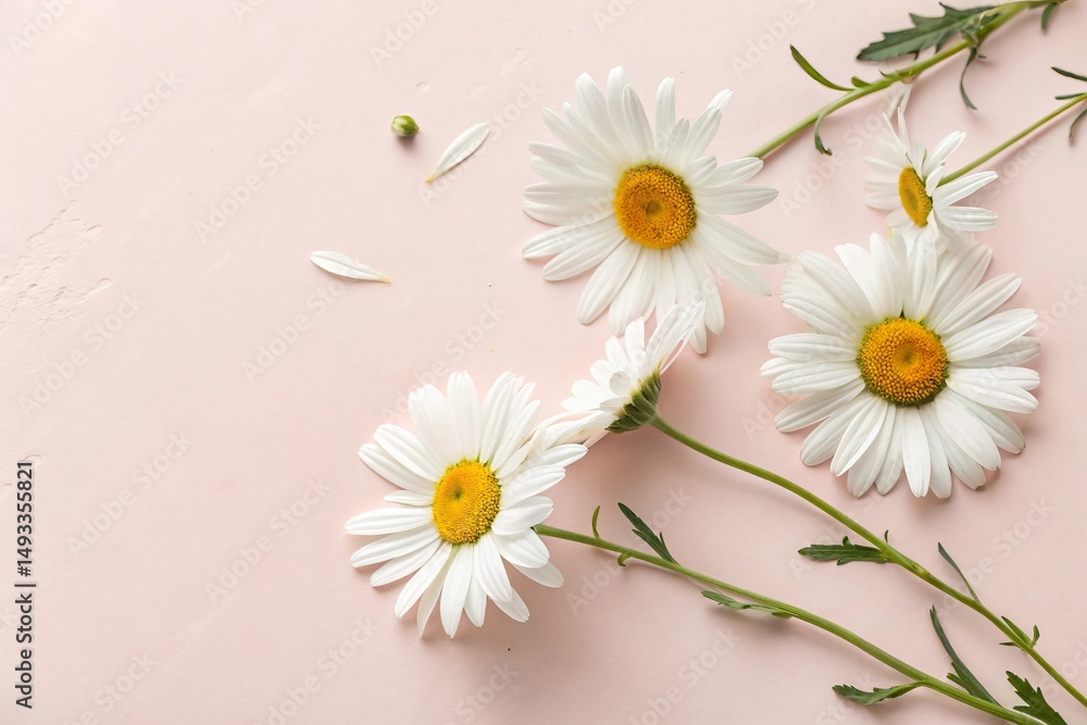 Obraz premium Minimal Flat Lay with White Chamomile Flowers on Light Pink Background