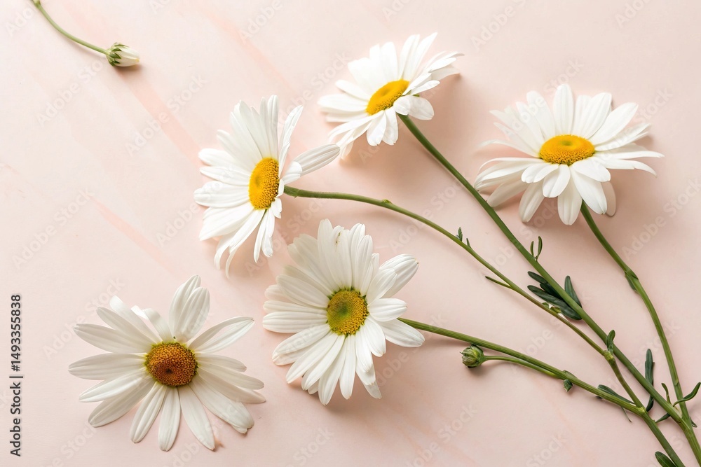 Obraz premium Minimal Flat Lay with White Chamomile Flowers on Light Pink Background