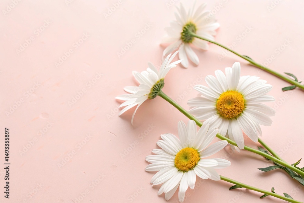 Obraz premium Minimal Flat Lay with White Chamomile Flowers on Light Pink Background