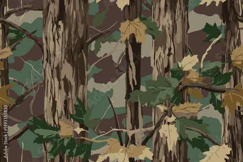 Real tree forest camouflage seamless pattern design pattern for hunting and military uniform. Hunting camouflage