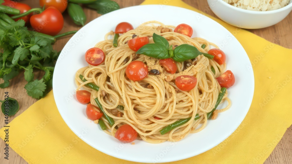 Delicious Pasta Dish with Cherry Tomatoes and Green Beans Delicious Pasta Dish with Cherry Tomatoes and Green Beans