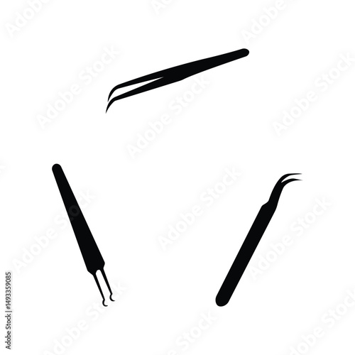 Eyelash Extension Tweezers Silhouette Set with Straight and Curved Tips Vector Illustration Isolated on White Background