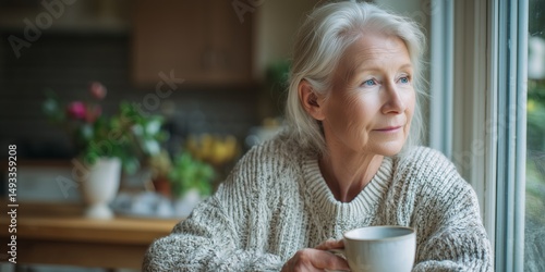Reflective senior woman enjoying a quiet moment with coffee at kitchen table