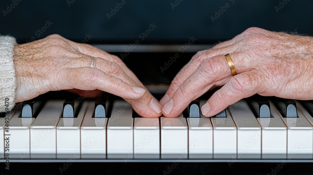 Fototapeta premium Hands Playing Piano Keys with Gentle Touch and Warm Lighting