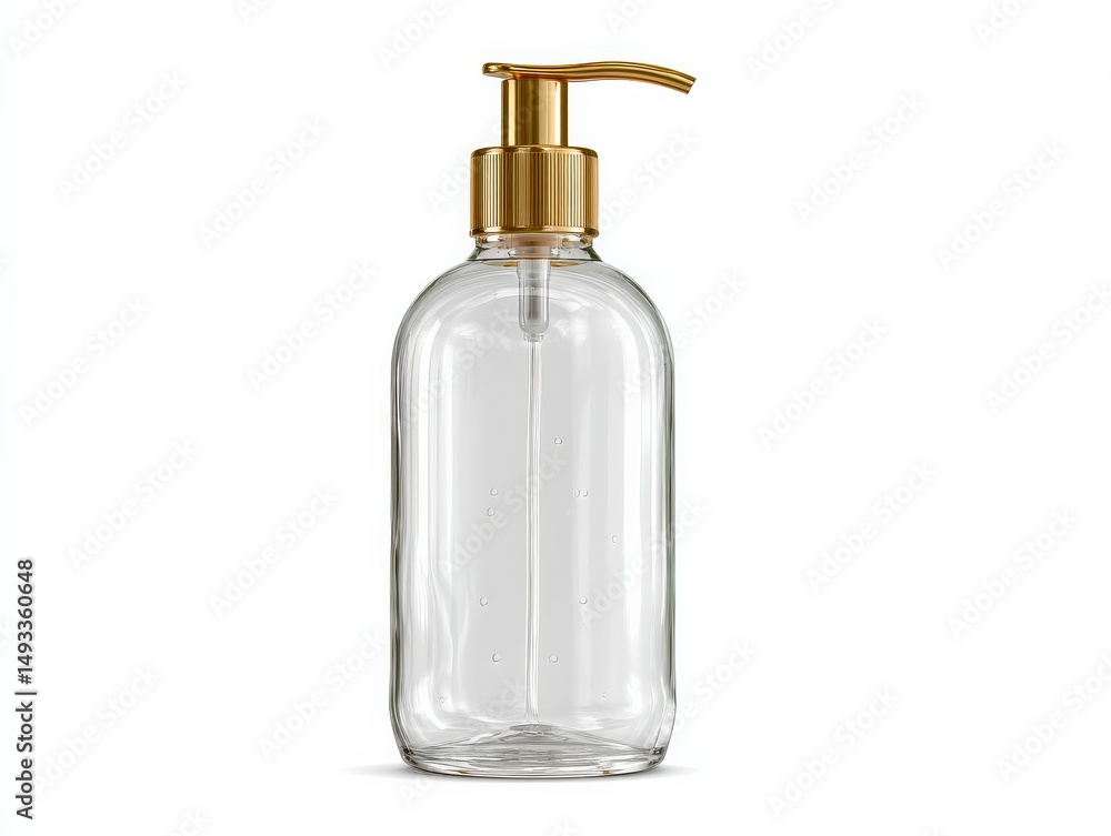 Elegant gold pump bottle filled with clear liquid, perfect for lotions or soaps. Elegant gold pump bottle filled with clear liquid, perfect for lotions or soaps.