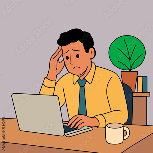 Office worker sadly sits at laptop. Vector stock illustration eps10. Adobe Illustrator Artwork