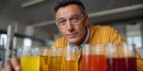 Wallpaper Mural Chemistry teacher organizing hands-on experiment in science lab with colorful liquids Torontodigital.ca
