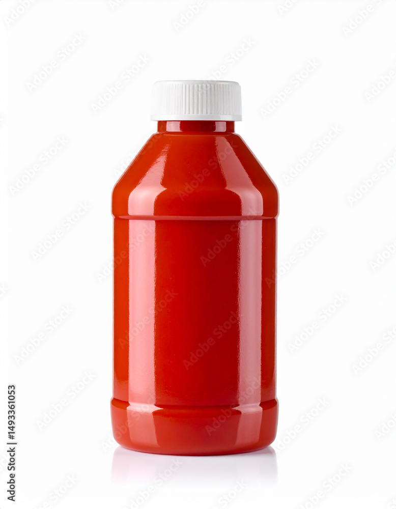 Plastic bottle of ketchup against white backdrop. Tomato sauce. Delicious food condiment. Plastic bottle of ketchup against white backdrop. Tomato sauce. Delicious food condiment.