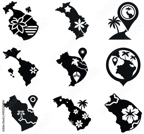 Black Tropical Island Map Silhouettes with Palm Trees and Flowers Vector Set