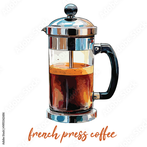 french press coffee manual brew in watercolor illustration style, isolated vector on white background