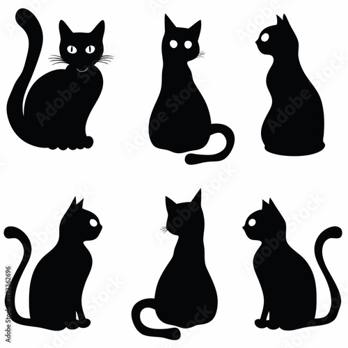 Set of cute black cat vector silhouettes, a fun animal illustration design