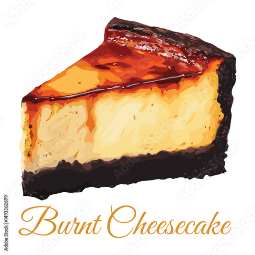 sliced burnt cheesecake in watercolor illustration style, isolated vector on white background