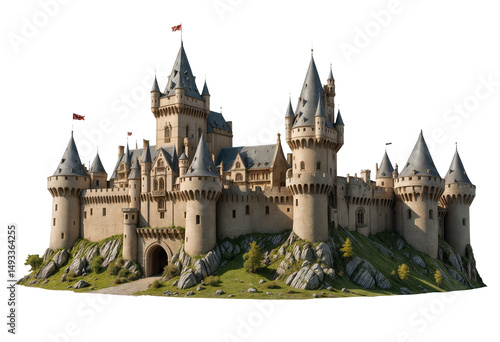 Medieval stone castle with tall towers and battlements,  isolated on transparent background, png