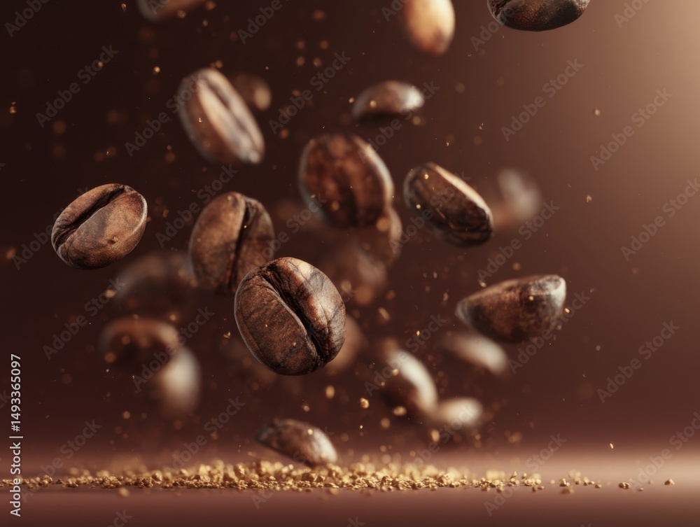 Coffee beans falling in studio shot with brown background and coffee ground on surface; high angle view of coffee Coffee beans falling in studio shot with brown background and coffee ground on surface; high angle view of coffee