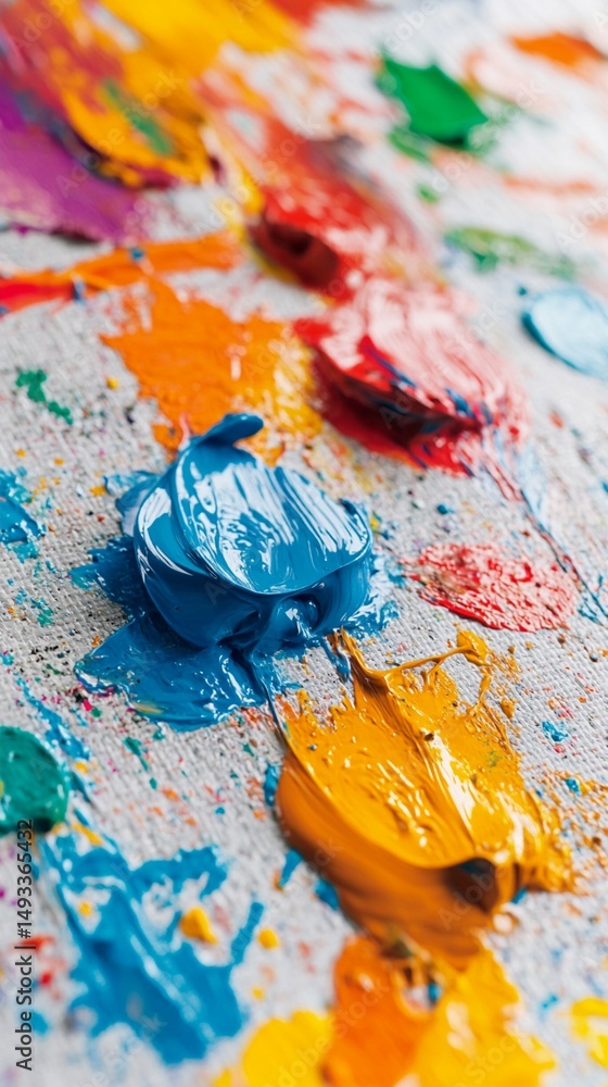 Fototapeta premium Vibrant oil paint blobs in blue, yellow, and red create a textured artistic landscape, showcasing the rich, dynamic texture of creative expression on canvas.