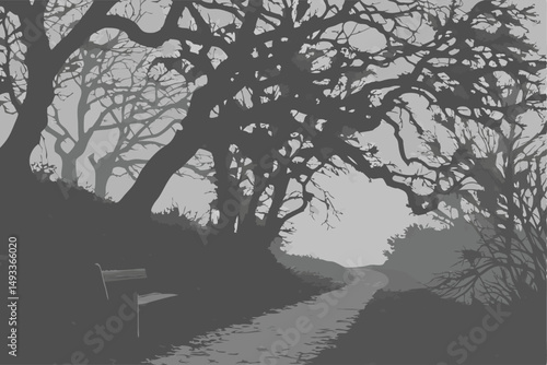  high contrast, moody, atmospheric, dark, gloomy, eerie, bare trees, twisted branches, winding trail, wooden bench, fallen leaves, monochrome, grayscale, dramatic lighting, cinematic, moody landscap