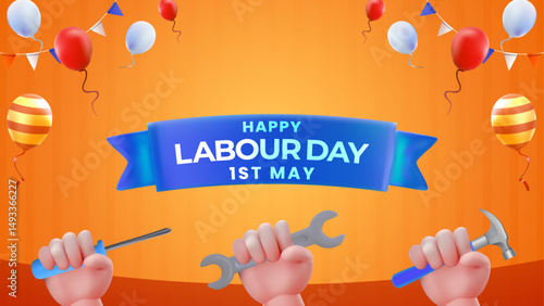 Happy Labour Day Celebration Banner with Tools and Balloons