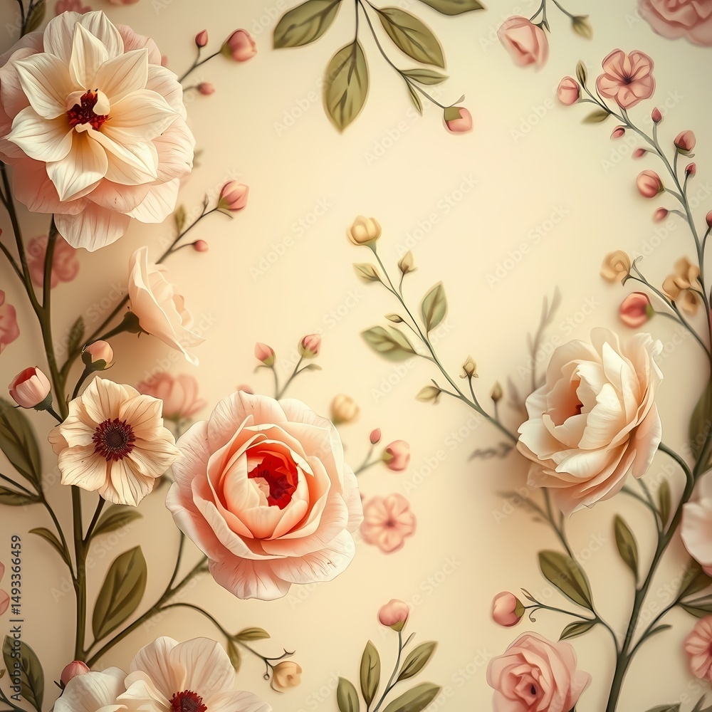 Obraz premium Dreamy vintage botanical wallpaper background with softly glowing floral bouquets and subtle antique textures evokes a sense of nostalgic charm and whimsical elegance.