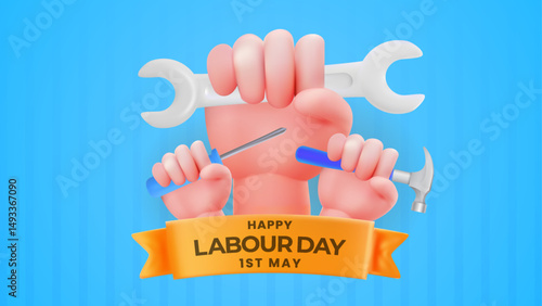 Illustration Celebrating Labour Day with Tools and Banner on a Blue Background