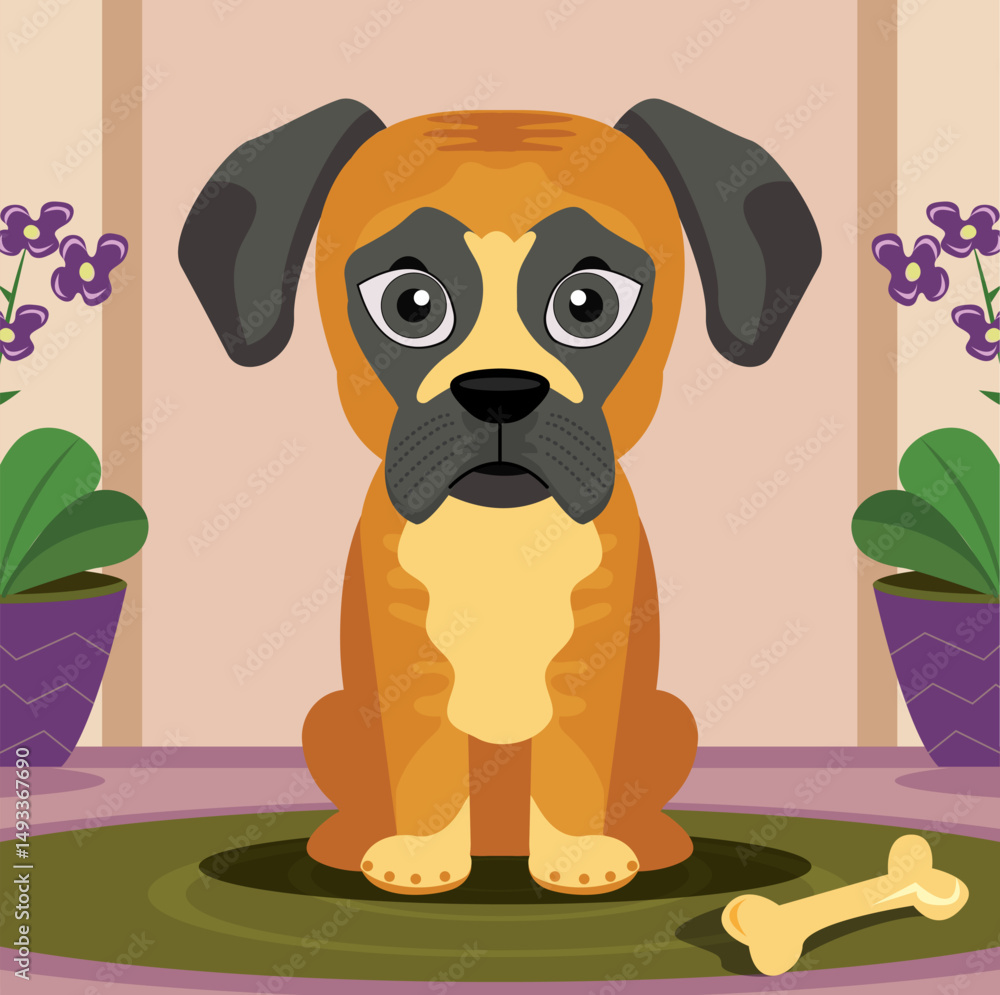 Naklejka premium Vector image. Stylized picture. A German boxer puppy, a breed of dog. A cartoon dog is sitting on a mat. 