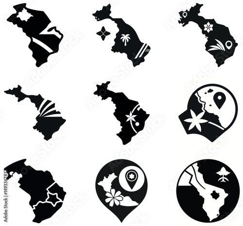 Black Tropical Island Map Silhouettes with Palm Trees and Flowers Vector Set