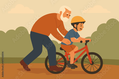 Grandfather teaches his grandson to ride a bike. Vector stock illustration eps10. Adobe Illustrator Artwork