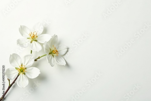 Delicate white flower blossoms against pure white background , nature, bright