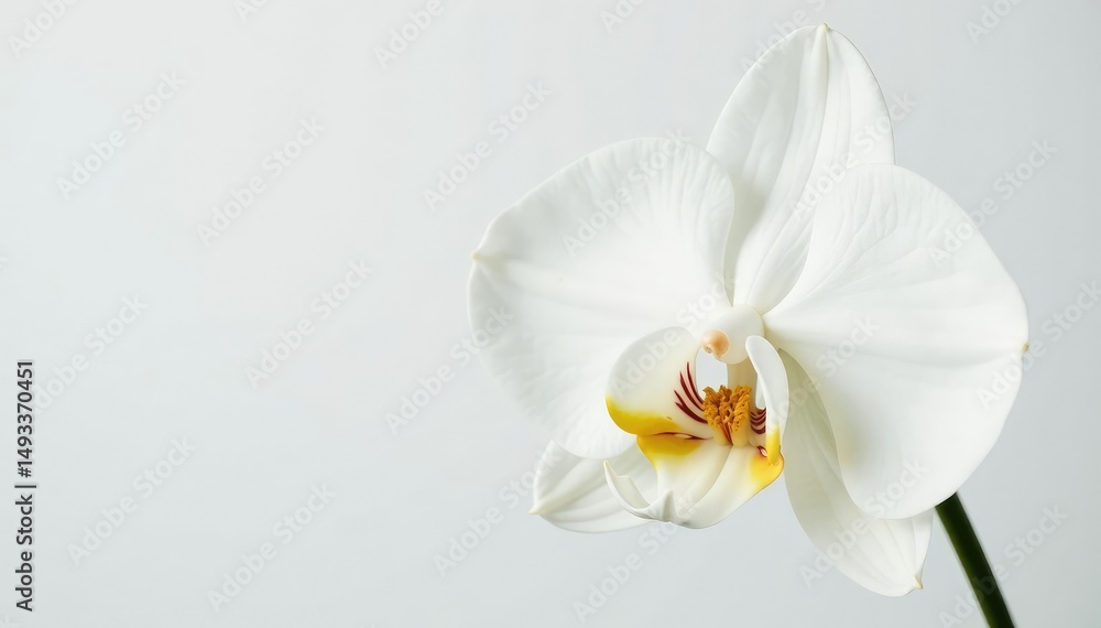 Delicate white orchid blossom, pristine petals against pure white backdrop, blossom, closeup, graphics Delicate white orchid blossom, pristine petals against pure white backdrop, blossom, closeup, graphics