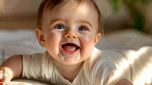 A happy baby with a big smile lying down and looking at the camera