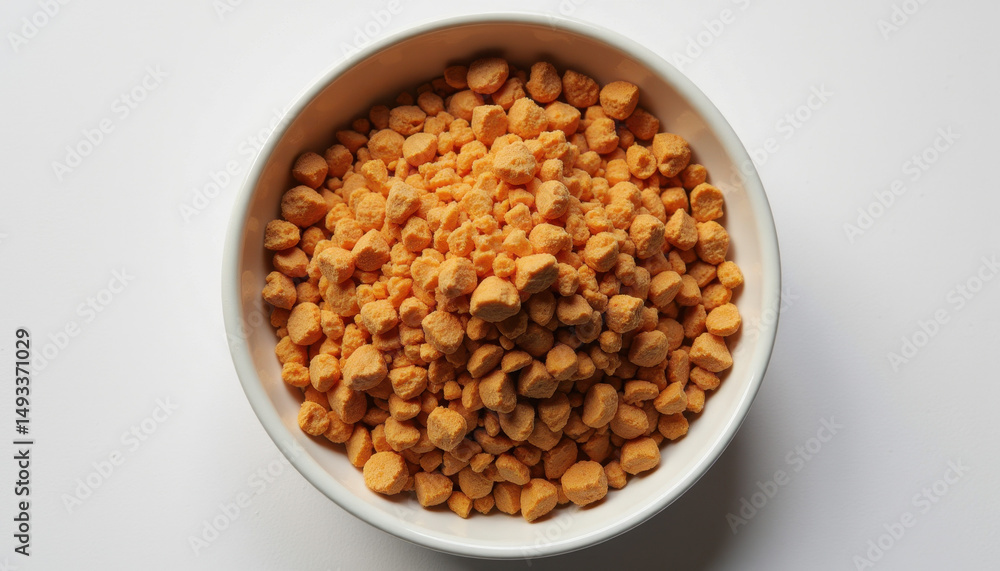 Bowl of orange cereal pieces on white background Bowl of orange cereal pieces on white background