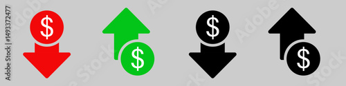 Money increase icon with arrow up symbol, dollar decrease icon . profit and lose money vector icons - Cost rising icon. Business icons, marketing, cryptocurrency