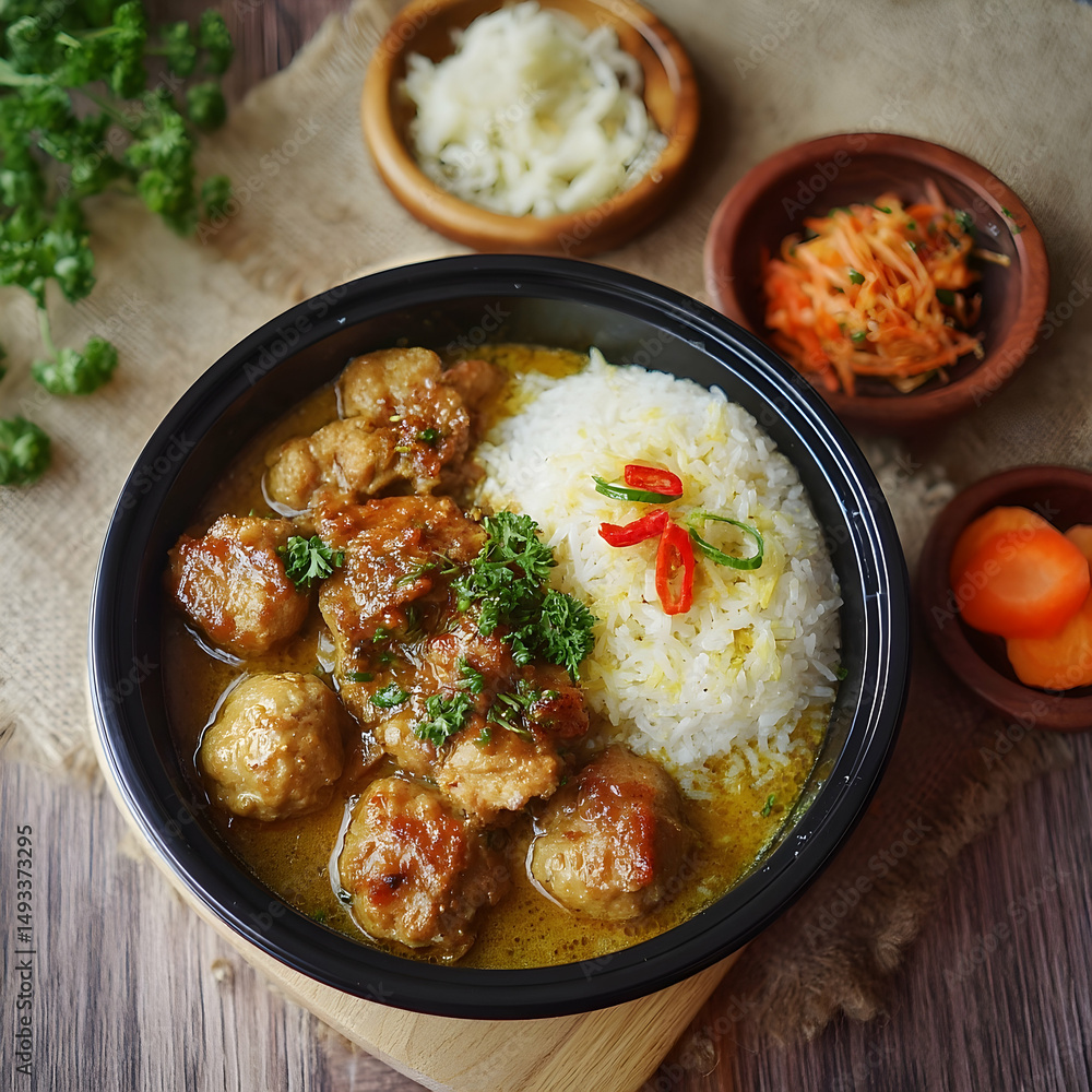 Delicious curry meatballs served with rice and vegetables. Delicious curry meatballs served with rice and vegetables.
